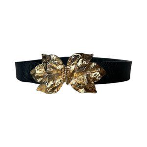 Black Belt with Gold Metal Flower Buckle